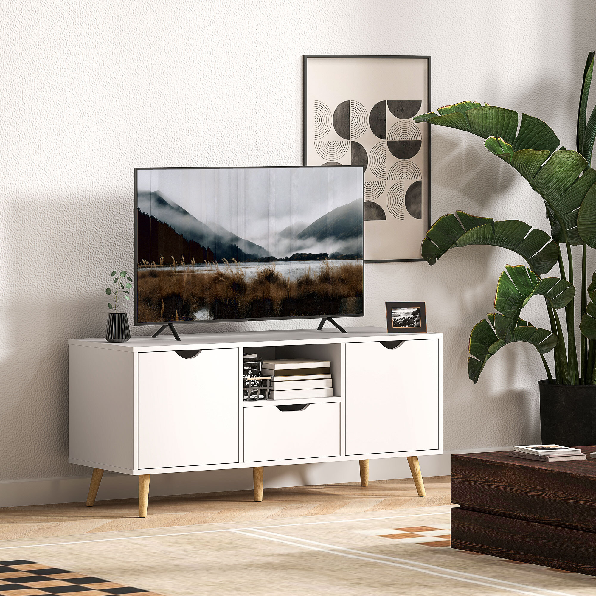 Mueble de TV, Mesa de TV con Cajón, 2 Puertas y Estante Abierto, Patas de Madera, para Televisores hasta 50 Pulgadas, Largo de 110 cm, para Salón, Dormitorio, Blanco