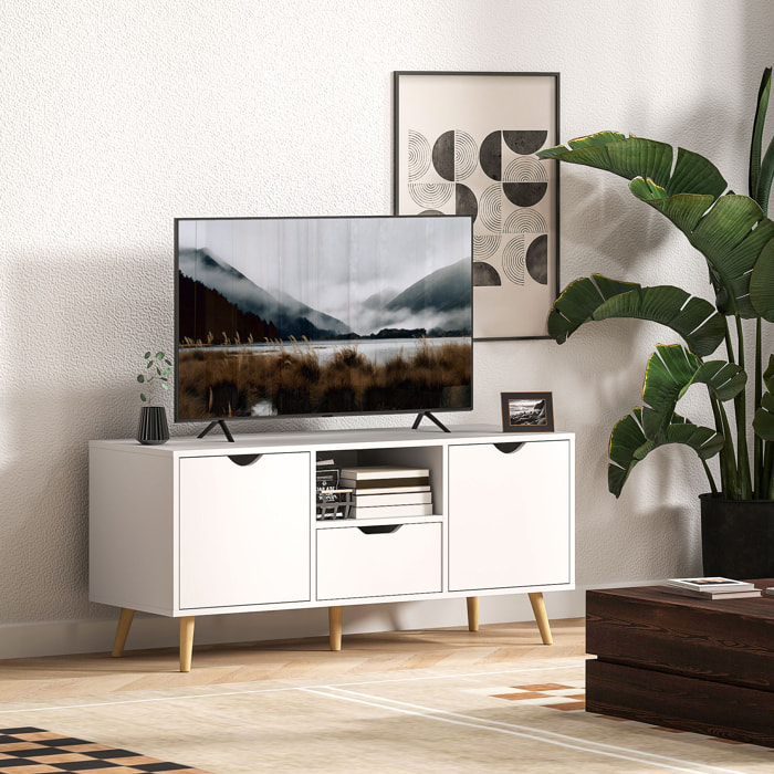 Mueble de TV, Mesa de TV con Cajón, 2 Puertas y Estante Abierto, Patas de Madera, para Televisores hasta 50 Pulgadas, Largo de 110 cm, para Salón, Dormitorio, Blanco
