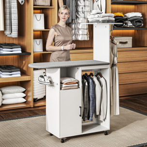 Mueble de Planchar con Ruedas y Soporte Lateral Mueble de Planchado con Tabla de Planchar Barra para Ropa Estante Ajustable 127,5x43,5x153 cm Blanco