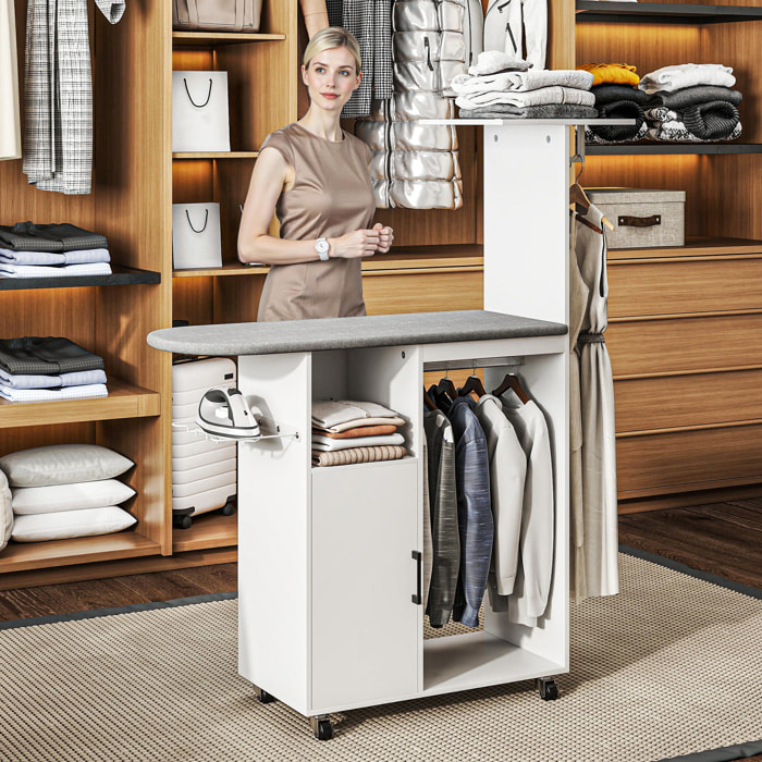 Mueble de Planchar con Ruedas y Soporte Lateral Mueble de Planchado con Tabla de Planchar Barra para Ropa Estante Ajustable 127,5x43,5x153 cm Blanco