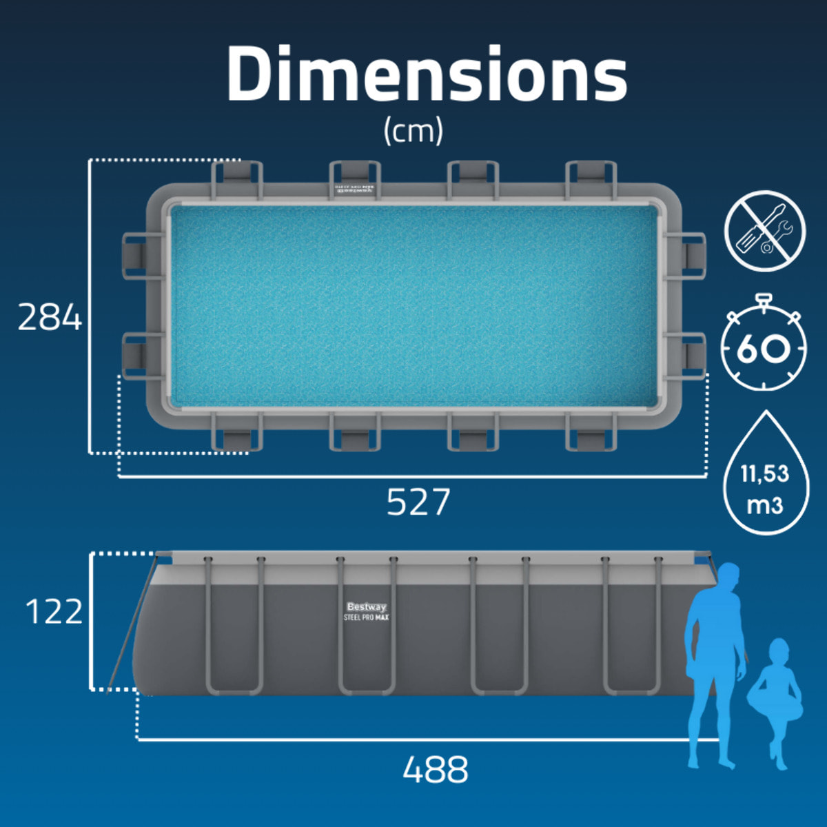 Bestway Piscine hors sol tubulaire rectangulaire Bestway Steel Pro Max 488 x 244 x 122 cm gris sans accessoires