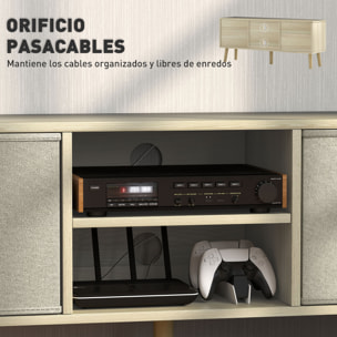 Mueble de TV, Mesa de TV con 2 Cajones de Tela, 2 Estantes Abiertos, Orificios para Cables, para Televisores hasta 50 Pulgadas, Largo de 110 cm, para Salón, Dormitorio, Madera y Beige