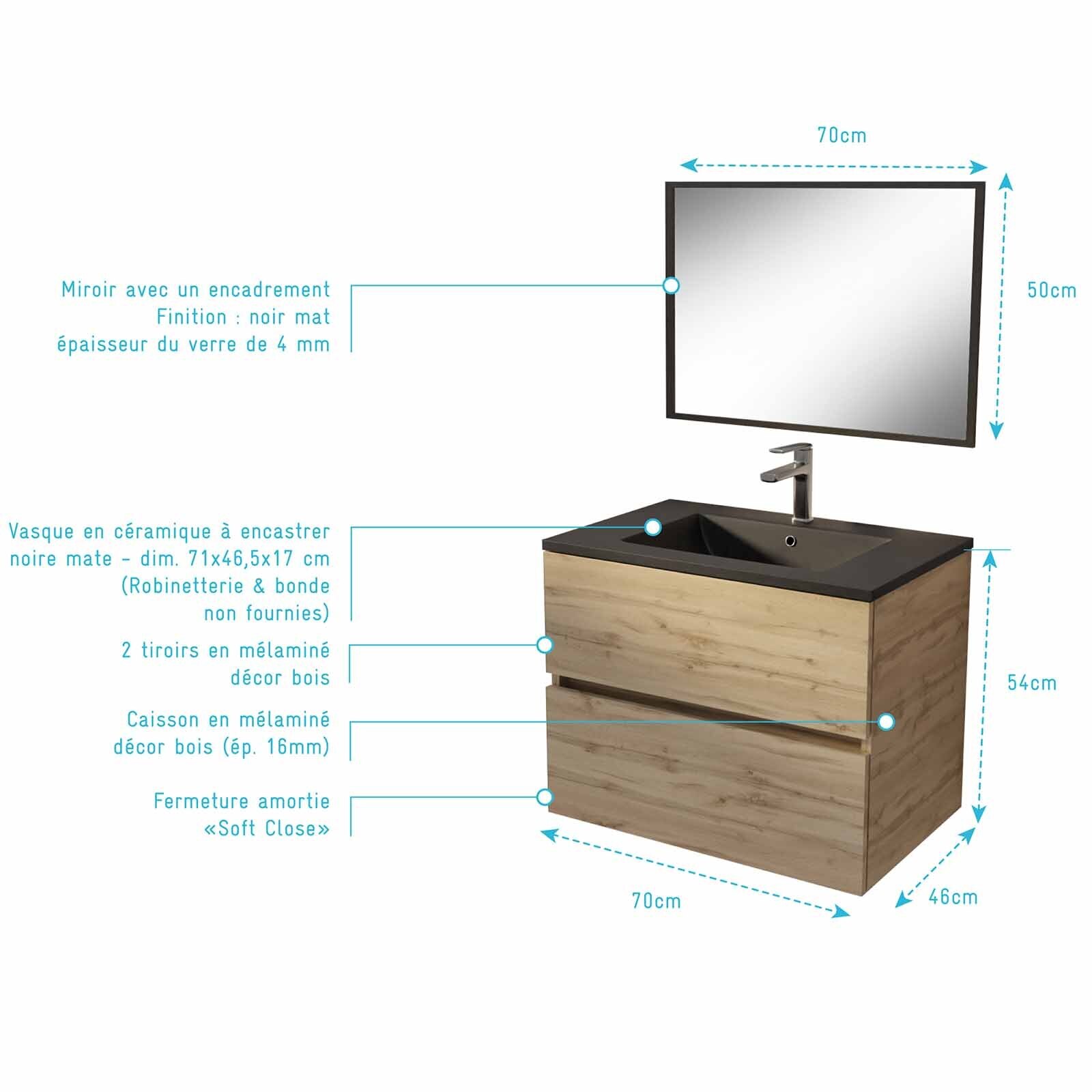 Meuble de salle de bains suspendu 70 cm TIMBER Décor Chêne 2 tiroirs Vasque noire et miroir 70x50