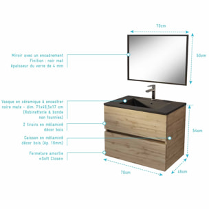 Meuble de salle de bains suspendu 70 cm TIMBER Décor Chêne 2 tiroirs Vasque noire et miroir 70x50