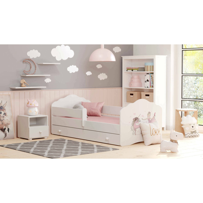 Letto per bambini Hagibis, Lettino per cameretta, Set camera da letto, Struttura porta materasso, 78x144 h65 cm, Bianco con unicorno
