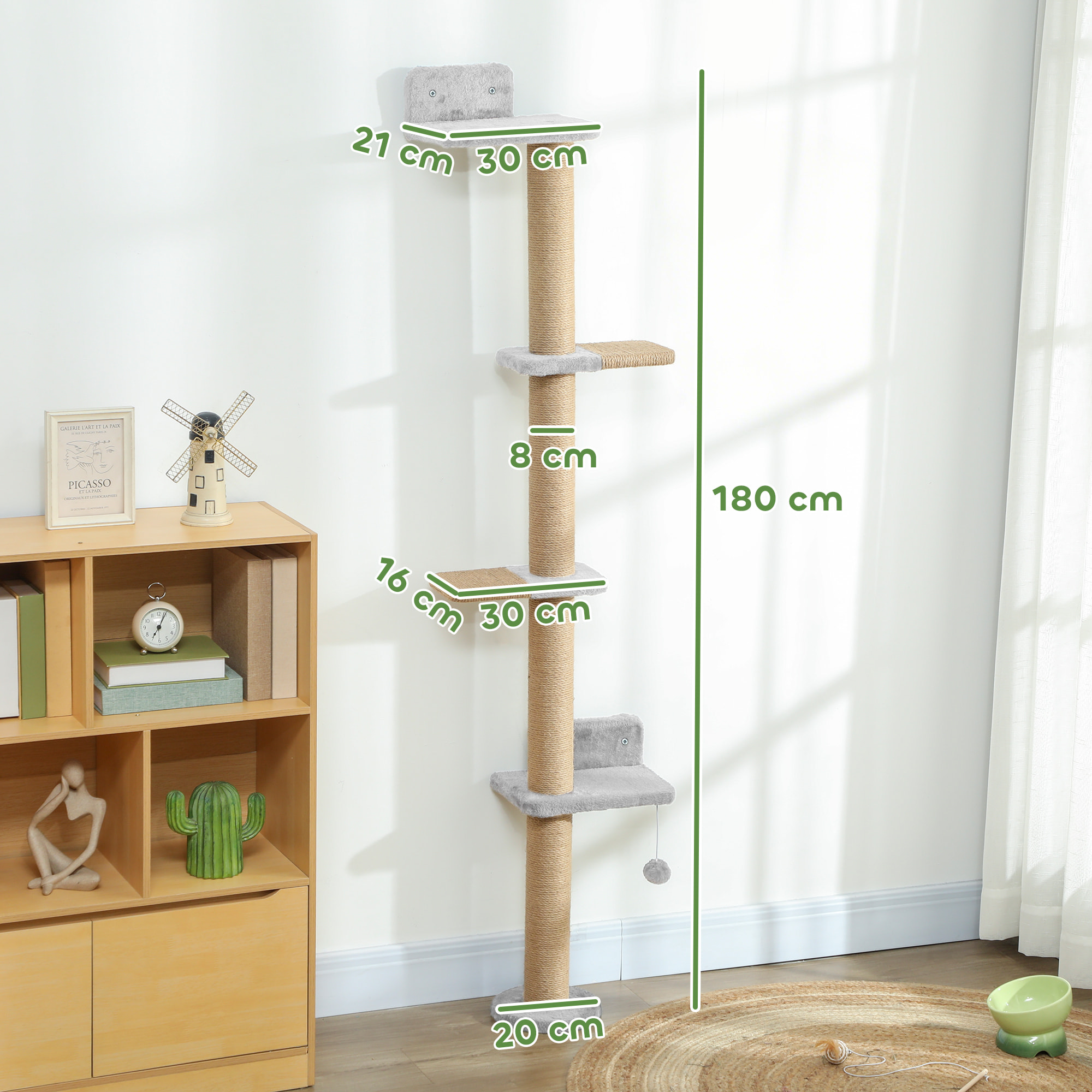 Arbre à chat mural 4 plateformes griffoirs grattoirs boule - 48x21x180cm - gris clair