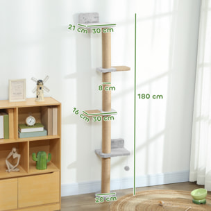 Arbre à chat mural 4 plateformes griffoirs grattoirs boule - 48x21x180cm - gris clair