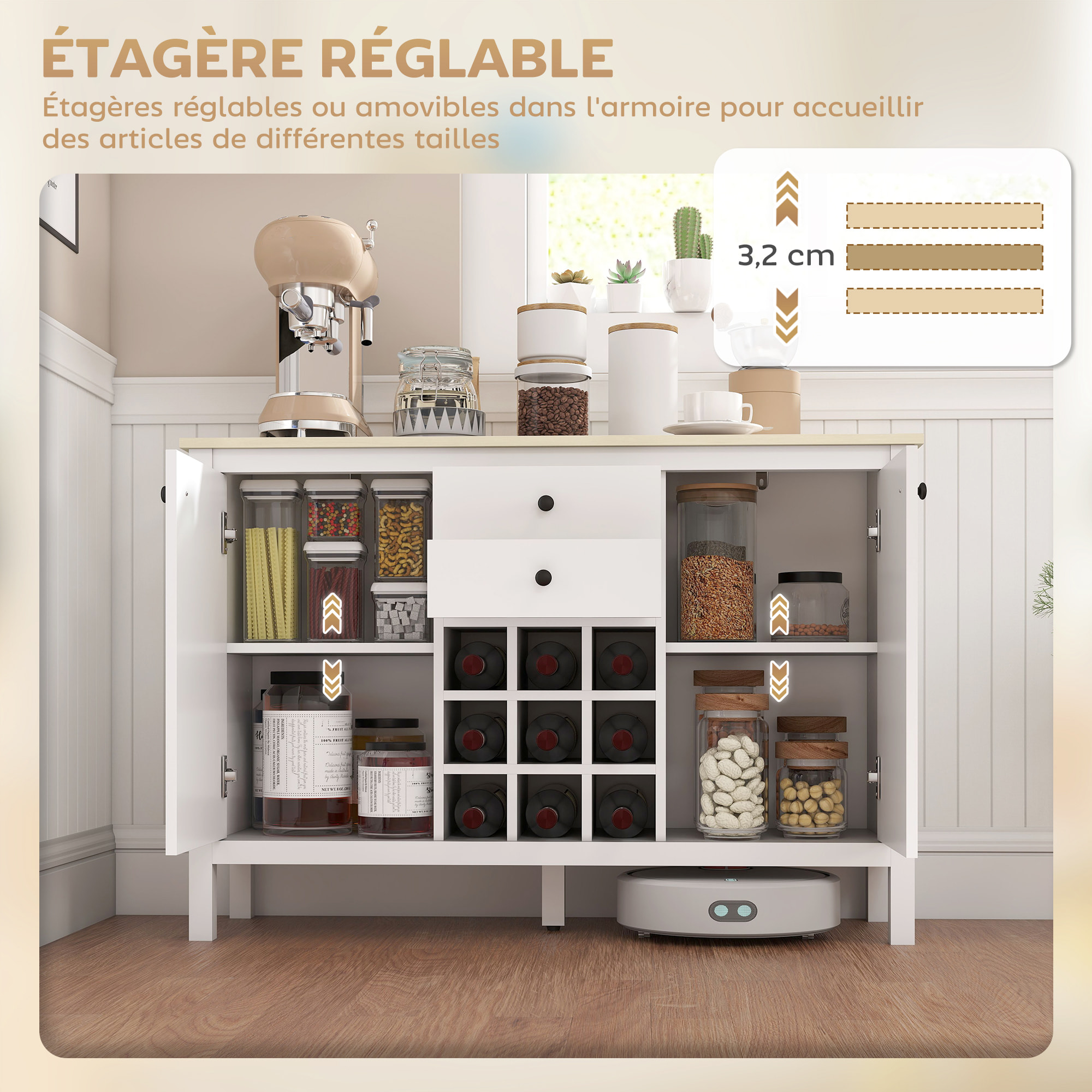 Buffet 2 tiroirs, 2 portes étagères réglables, range-bouteilles 9 max. - blanc bois clair