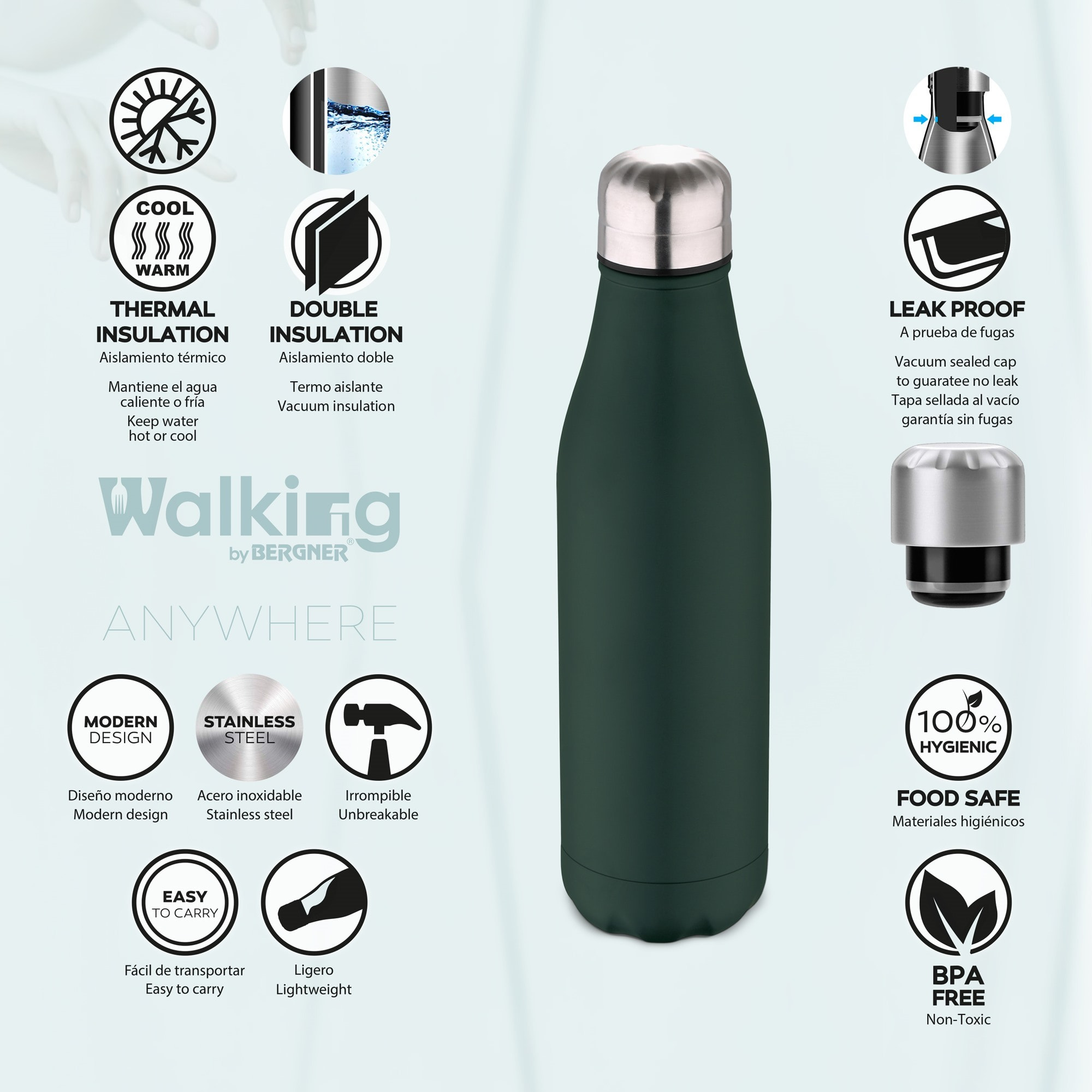 Botella termo cola 500ml verde Walking anywhere- Bergner