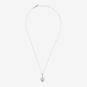 Collana Girocollo Catena Brillantina e Pendente in Perla Ming d'Acqua Dolce Bianca Ø 12/13 mm Placcata Oro Bianco in Argento 925 placcato Oro bianco 18Kt