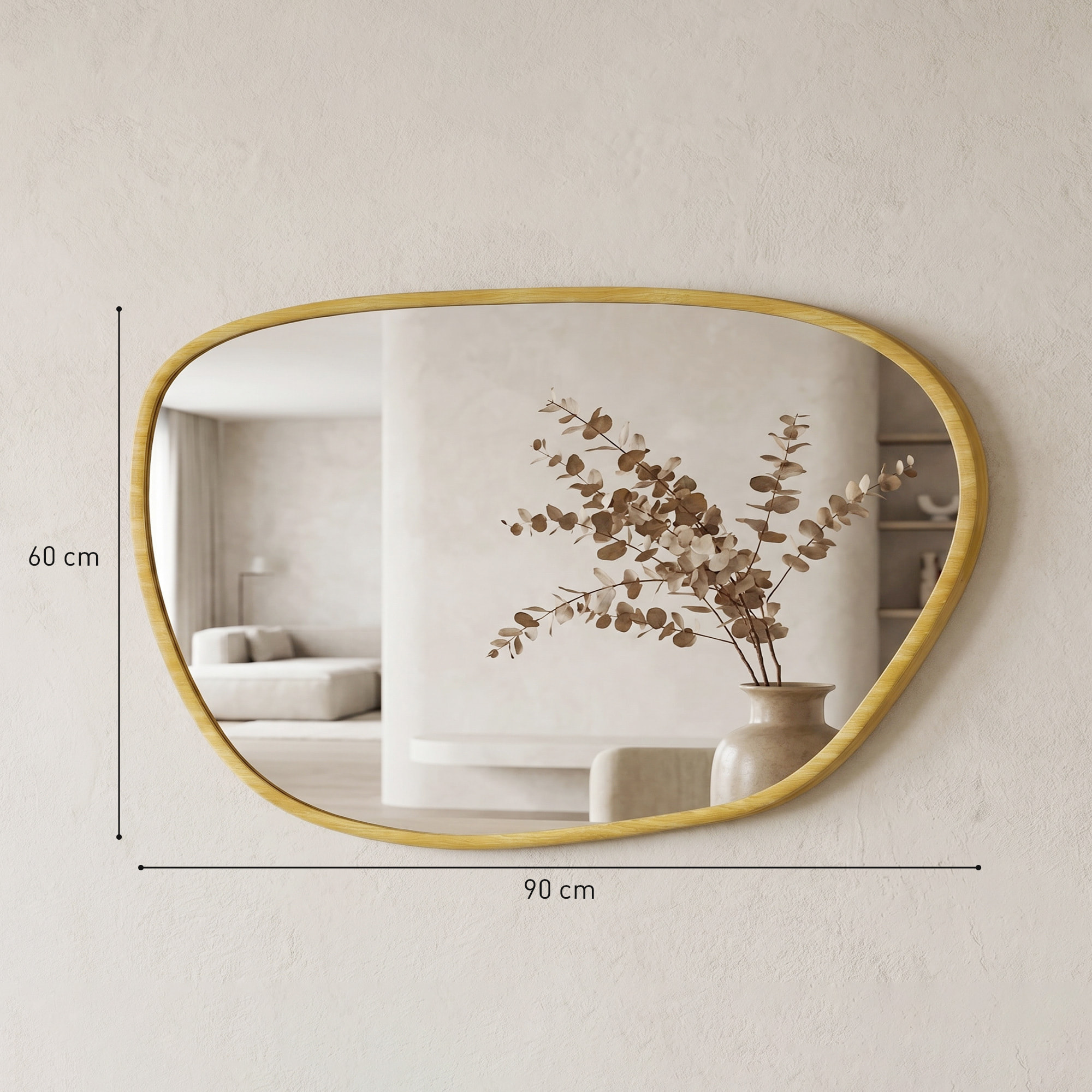Miroir mural design organique - 90 x 60 cm - effet bois clair naturel