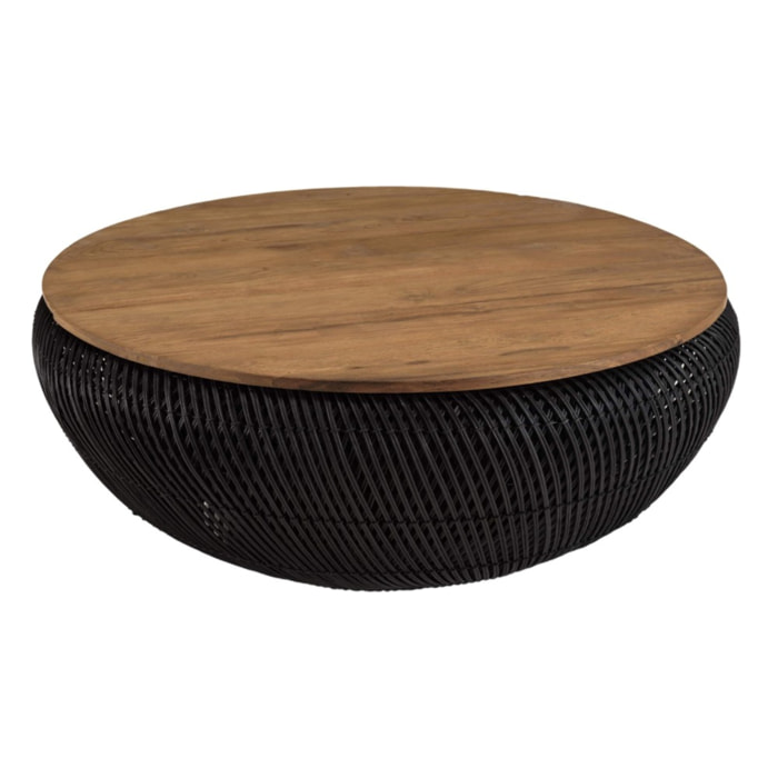 SIXTINE - Table basse ronde 100x100cm en rotin noir plateau amovible