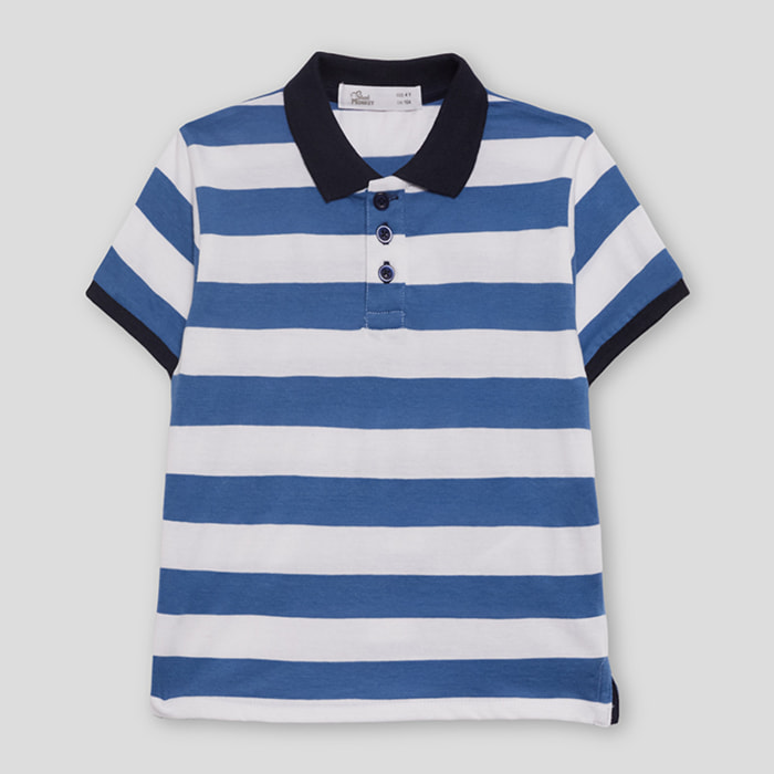 Polo Niño Rayas Azules y Blancas en Piqué 100% Algodón Cuello Clásico, Tapeta de Botones, Manga Corta, para Uso Diario y Colegio | Color: Raya azul | Street Monkey