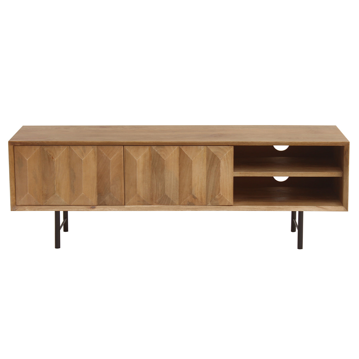 Meuble TV en bois clair manguier massif gravé et métal noir L120 cm AGRA