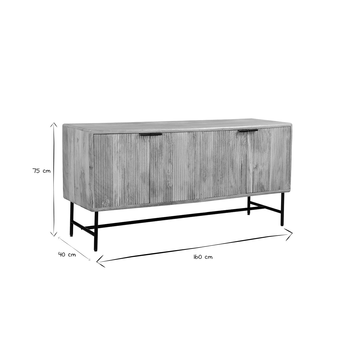 Buffet en bois manguier massif gravé et métal noir 4 portes L160 cm MORISSON