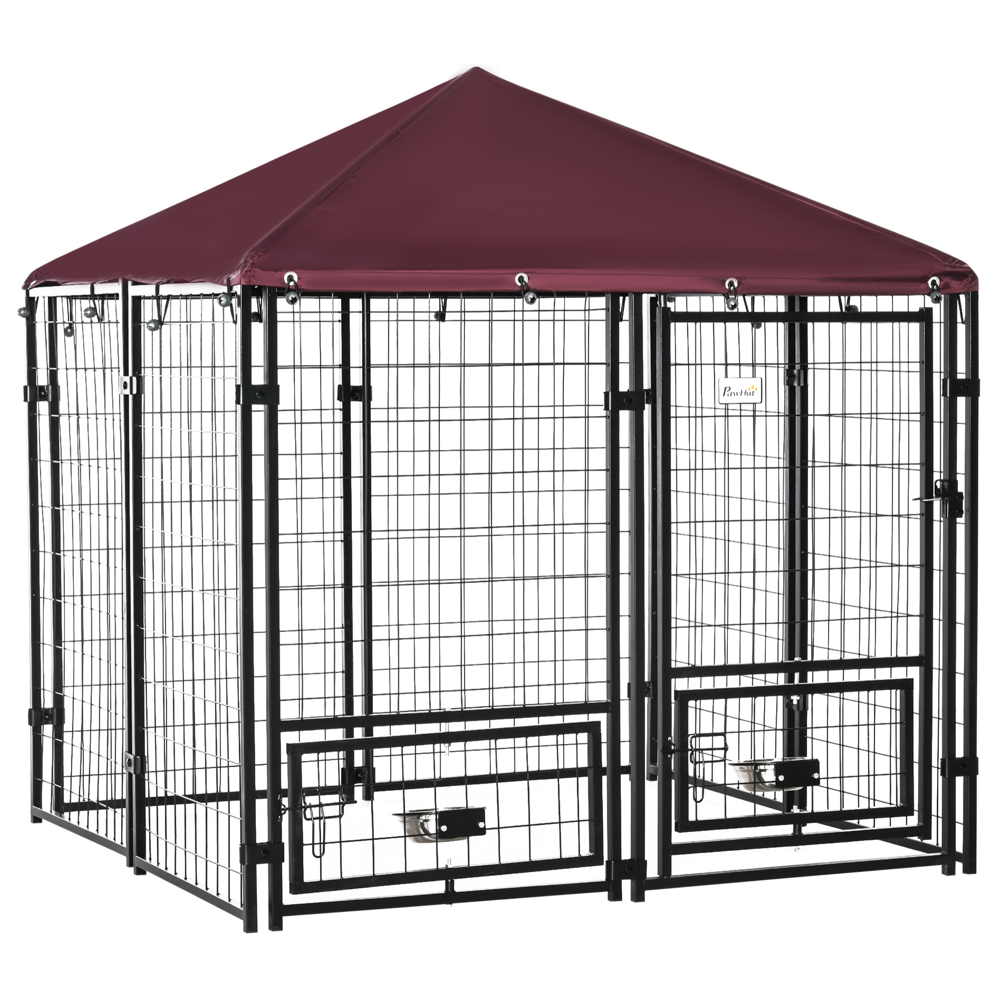 Perrera de 8 Paneles Parque para Perros Metálica de Exterior con 2 Soportes Giratorios para Comida 2 Cuencos y Toldo de Impermeable y Anti-UV 141x141x153 cm Negro y Rojo