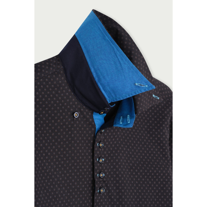 Camicia Uomo 2 Bottoni Button Down 7 Bottoni Slim Cotone Poliestere Stampato Blu/Marrone