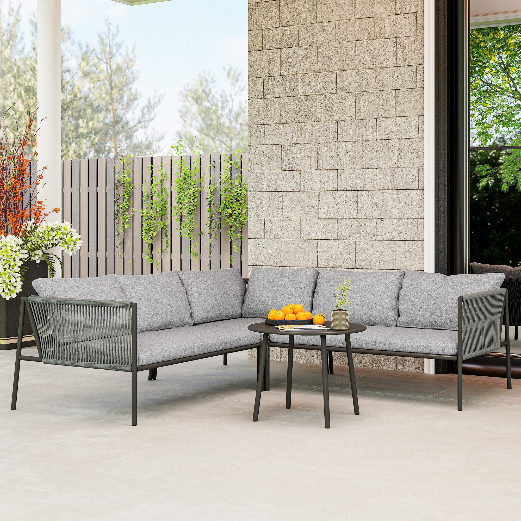 Salon de jardin d'angle 5 places en résine tressée avec table basse et coussins gris