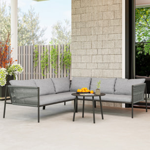 Salon de jardin d'angle 5 places en résine tressée avec table basse et coussins gris