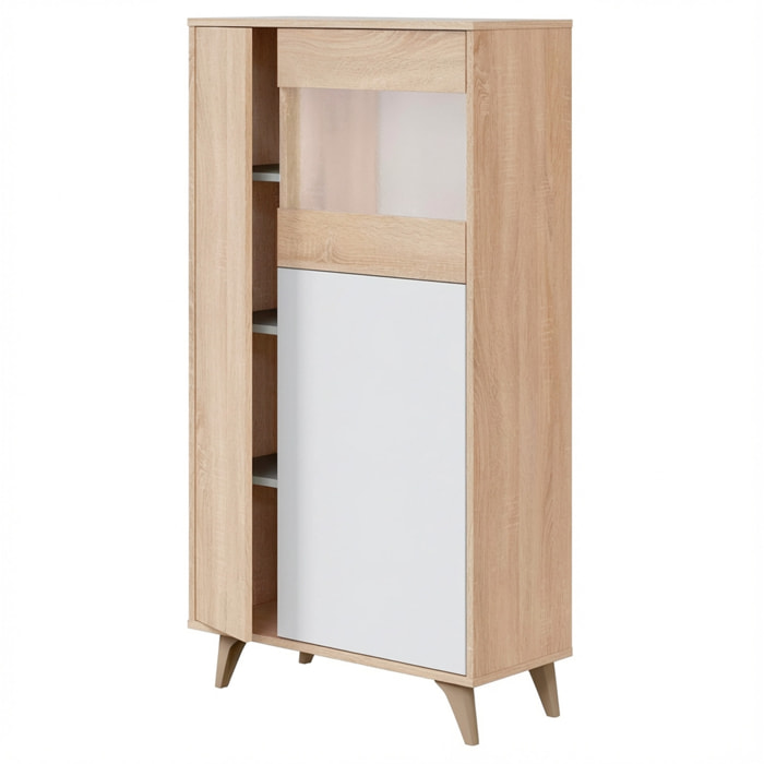 Credenza Con Vetrina Moderna Mobile contenitore Con Ripiani Interni In Truciolare Melaminico Ideale Per Soggiorno 77 x 33 x 142 Cm Bianco E Rovere