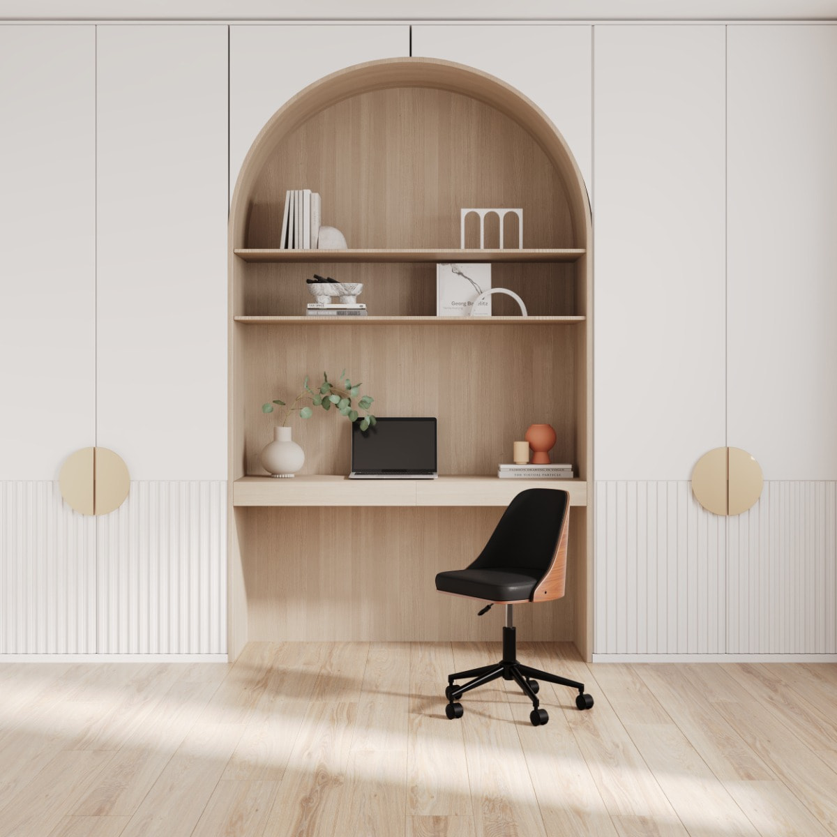 Chaise de bureau pivotante sur roulettes en bois foncé et PU noir - Georges