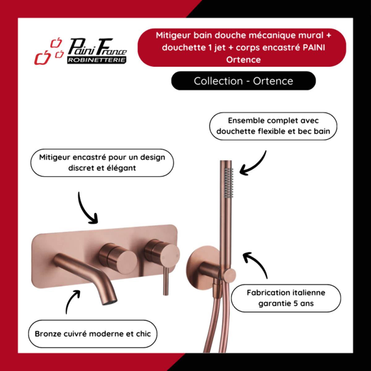 Mitigeur bain douche mécanique mural + douchette 1 jet + corps encastré PAINI Ortence bronze cuivre