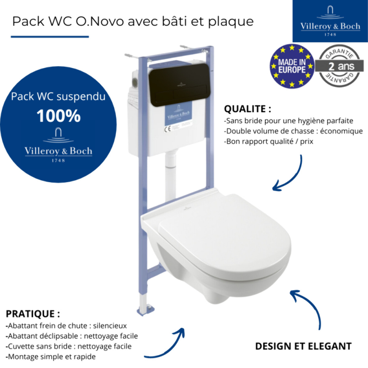Pack WC sans bride O novo avec abattant frein de chute + bâti Viconnect PRO + plaque noir mat  + Tabouret bois