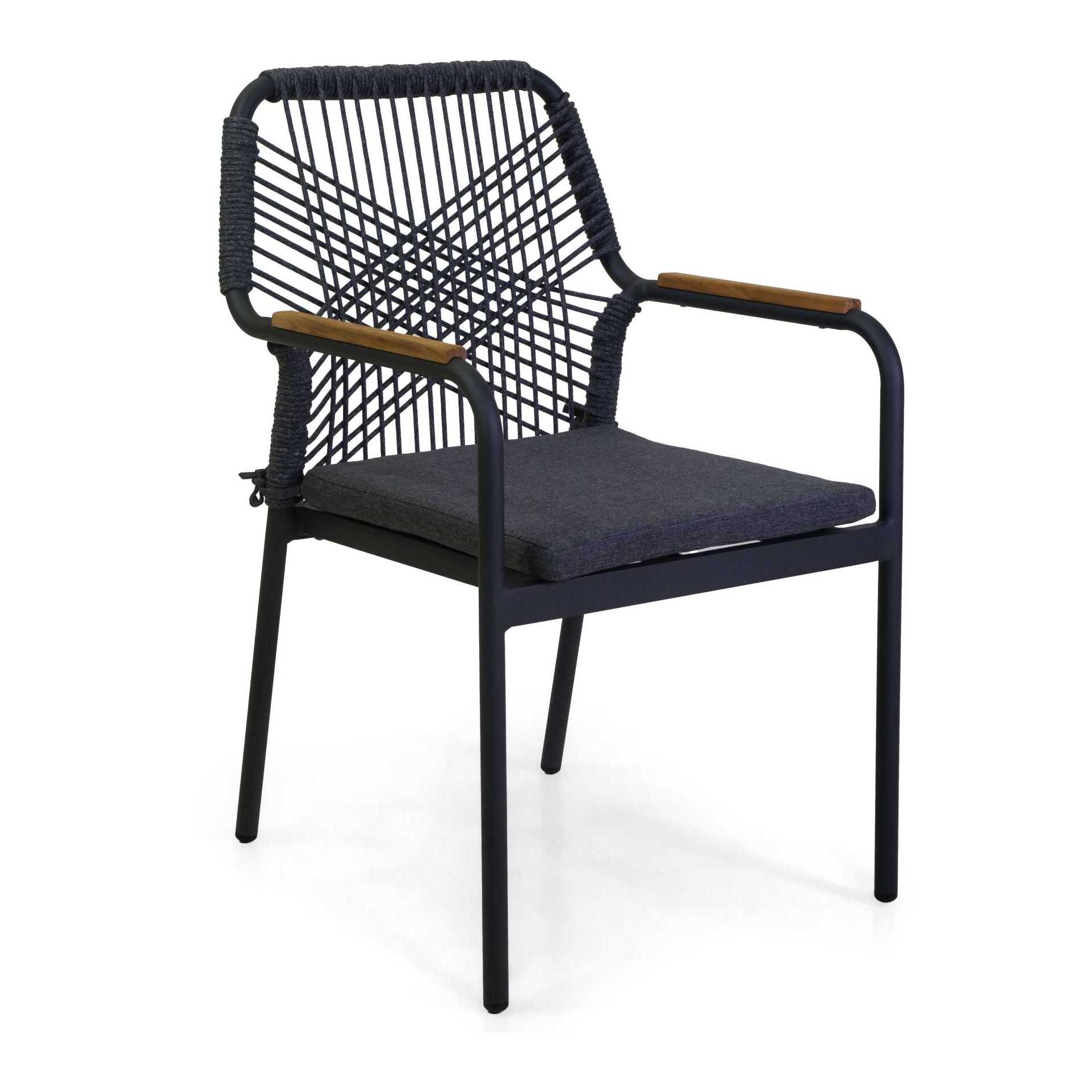 Poltrona Vacchetti Dean in alluminio antracite con corda e cuscino grigio cm56x62h85