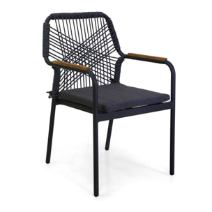 Poltrona Vacchetti Dean in alluminio antracite con corda e cuscino grigio cm56x62h85