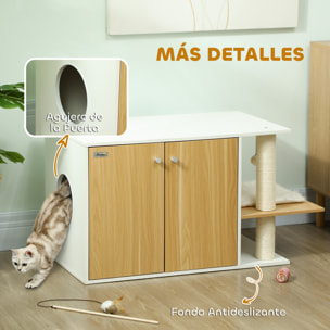 Mueble Arenero para Gatos 3 en 1 Nido Mesa Auxiliar Caja de Arena para Gatos con Puertas Cojín Poste para Rascar y Centro de Juegos para Salón Dormitorio 94x48x50,5 cm Roble y Blanco