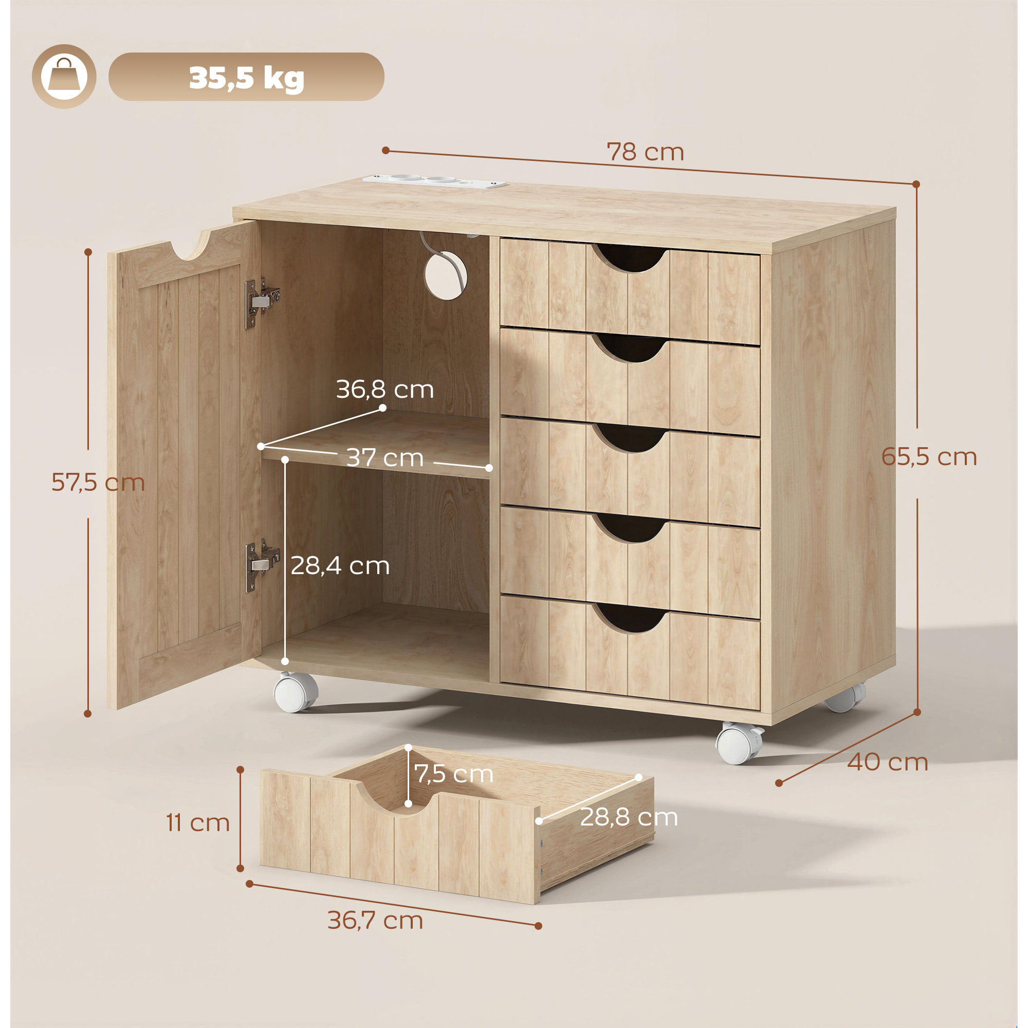Mueble para Impresora con Estación de Carga y Ruedas, Soporte para Impresora con 5 Cajones, Puertos USB, Estante Ajustable para Oficina en Casa, Natural