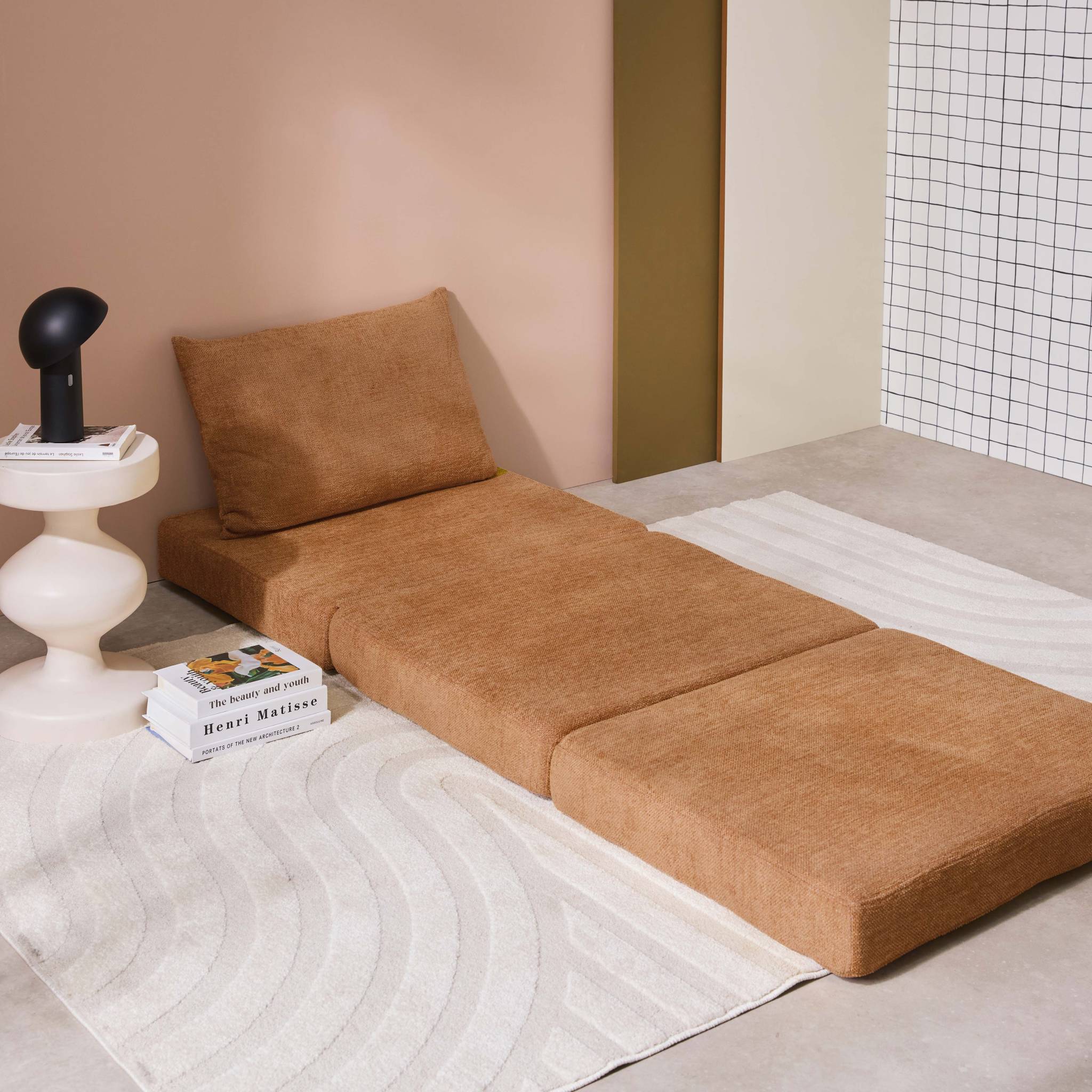 Chauffeuse matelas convertible camel tissu chenille 1 place Fold