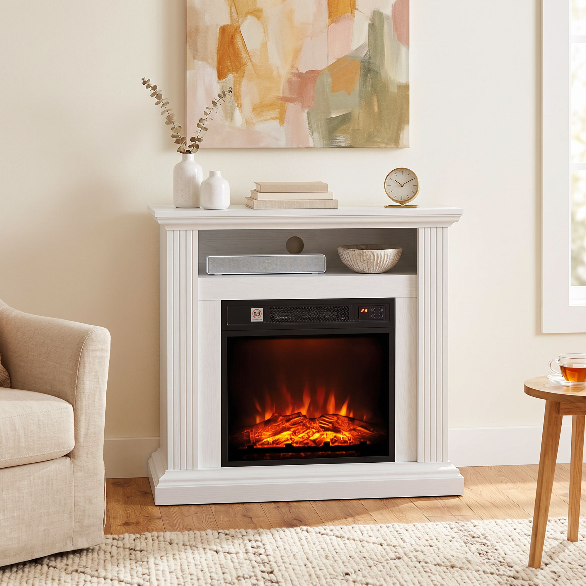 Cheminée électrique style montagnard aspect bois - niche, télécommande, timer - max. 1800W - blanc