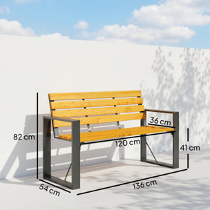 Banco de Jardín Exterior de 2 Plazas, Banco Exterior con Respaldo y Asiento Listonado de Madera, Reposabrazos y Marco de Acero, para Patio, Terraza, 136x54x82 cm, Natural