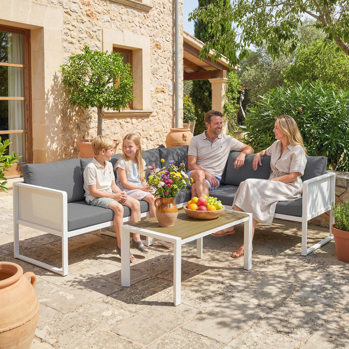 Conjunto de Muebles Jardín Exterior de 4 Piezas Sofá Exterior Seccional Forma de L con 3 Sofás de 2 Plazas Asiento de Textilene Mesa con Tablero Efecto Madera WPC Cojines Gris Claro y Blanco