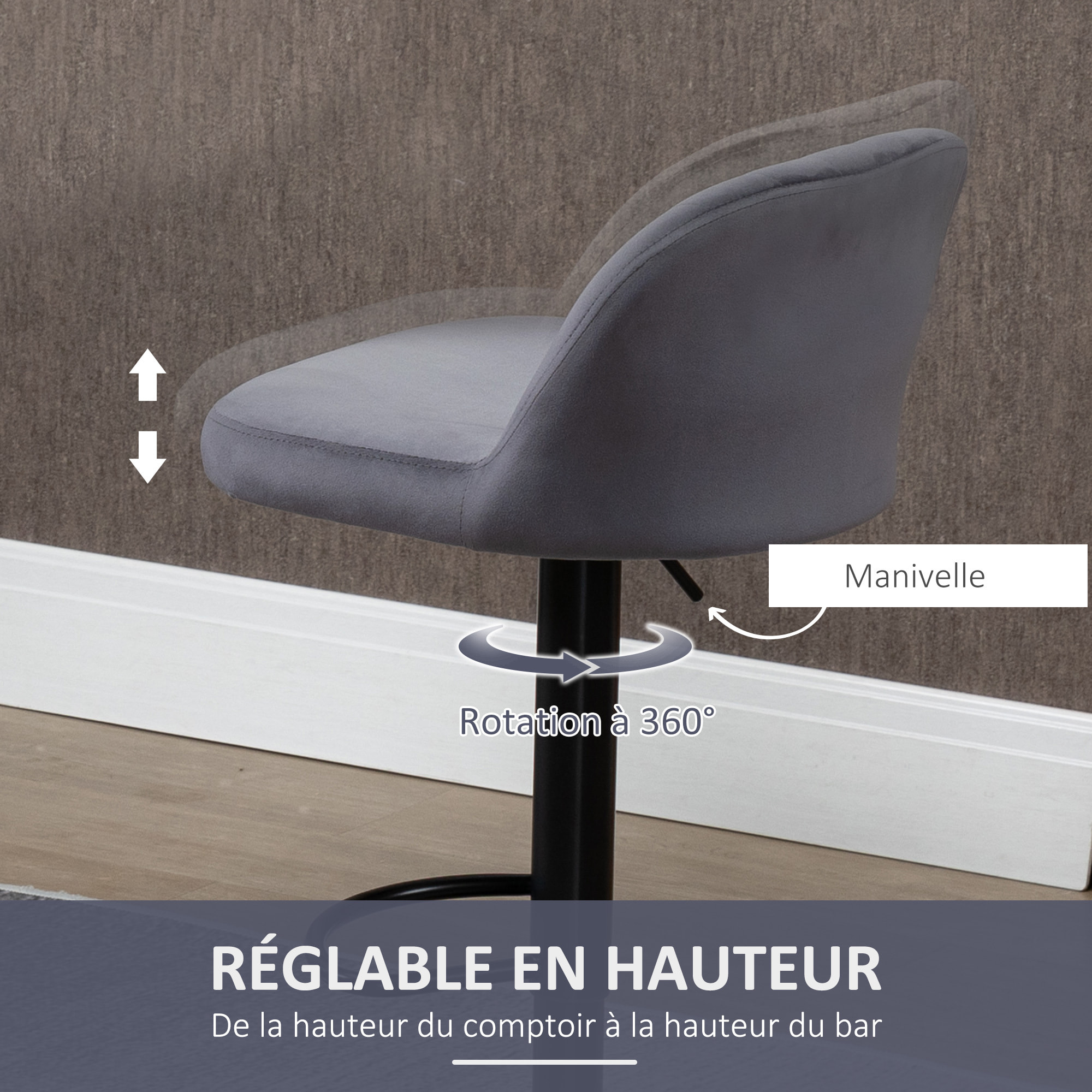 Lot de 2 tabourets de bar design contemporain velours gris métal noir