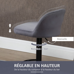 Lot de 2 tabourets de bar design contemporain velours gris métal noir