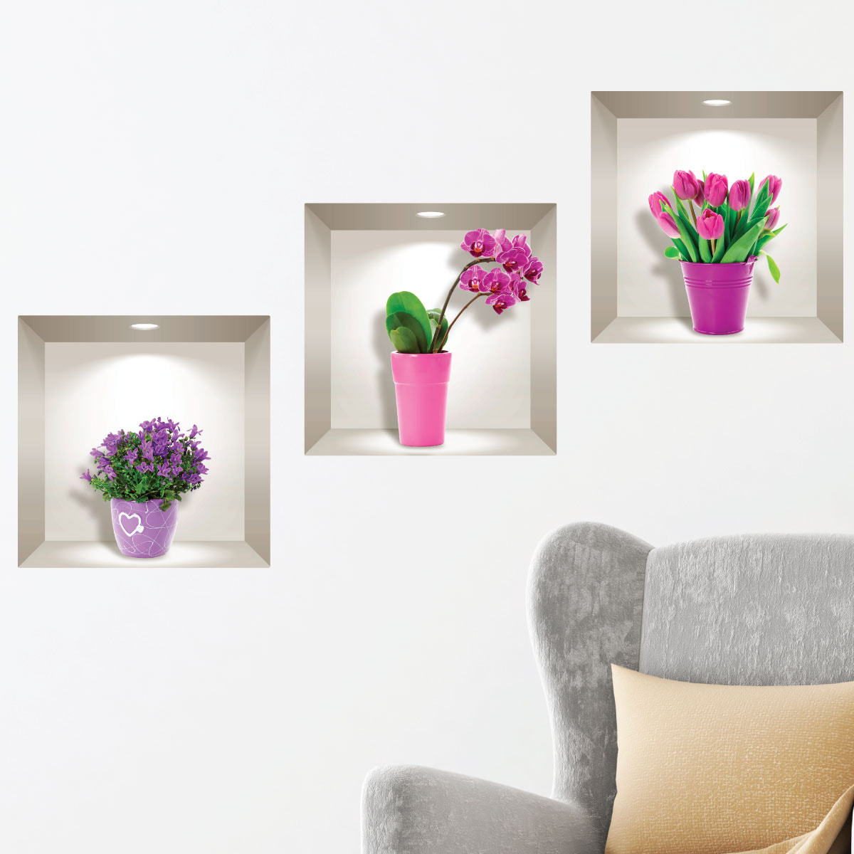 Stickers muraux 3D | Sticker Mural Autocollant effet 3D tulipes, orchidées et agapanthus - Stickers adhésifs 3D Chambre Salon Trompe l'oeil