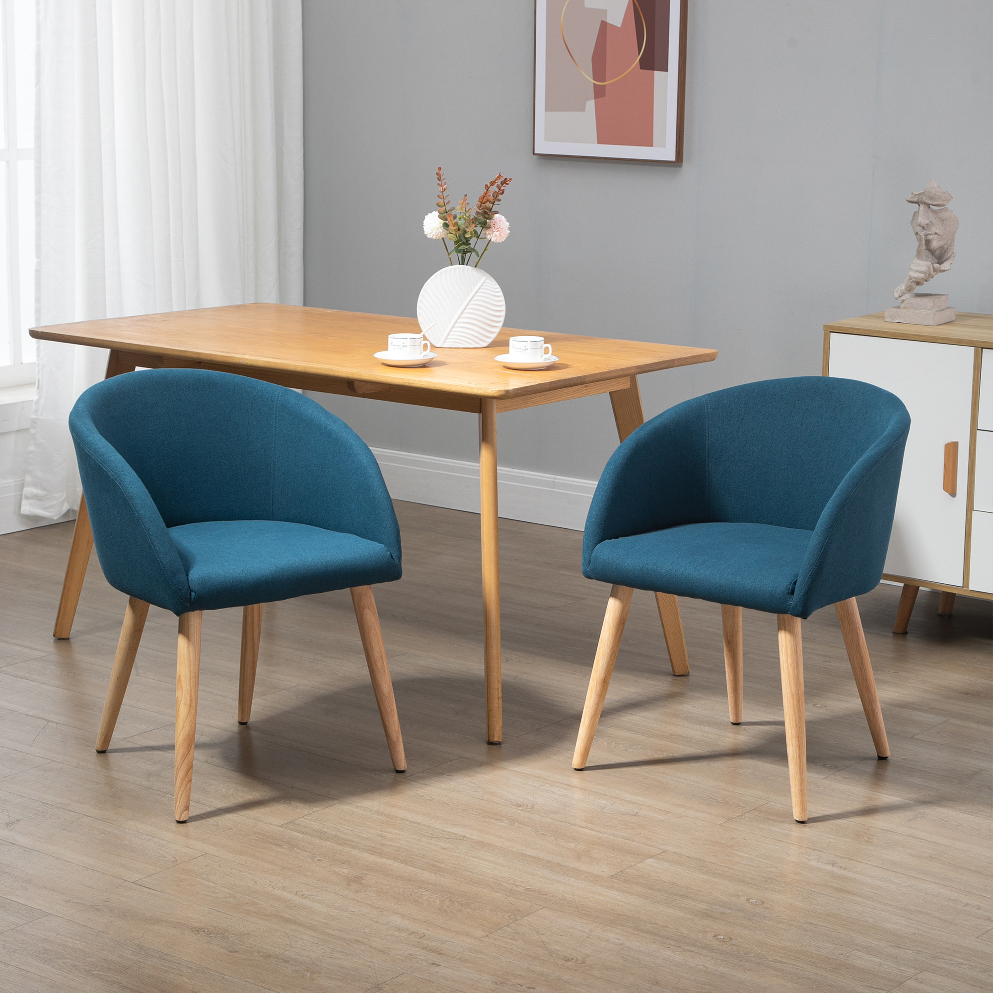 HOMCOM Chaises de visiteur design scandinave - lot de 2 chaises - pieds inclinés effilés bois caoutchouc - assise dossier accoudoirs ergonomiques aspect lin bleu canard