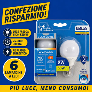 OMEGA Set 6 lampadine sfera led 8W E14 6500K