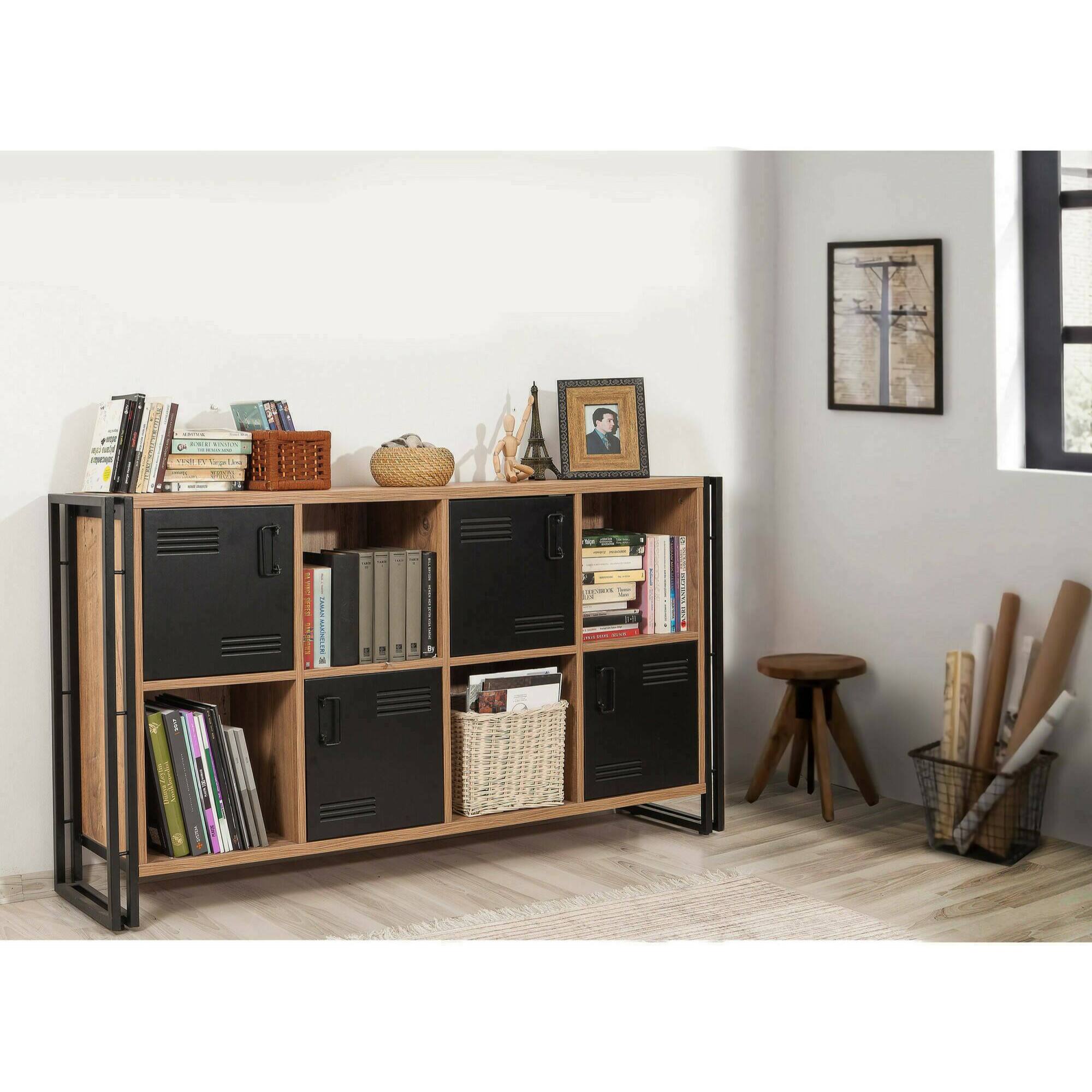 Credenza Dumfrie, Buffet da soggiorno, Madia da salotto, Dispensa da cucina, 164x35h89 cm, Quercia e Nero