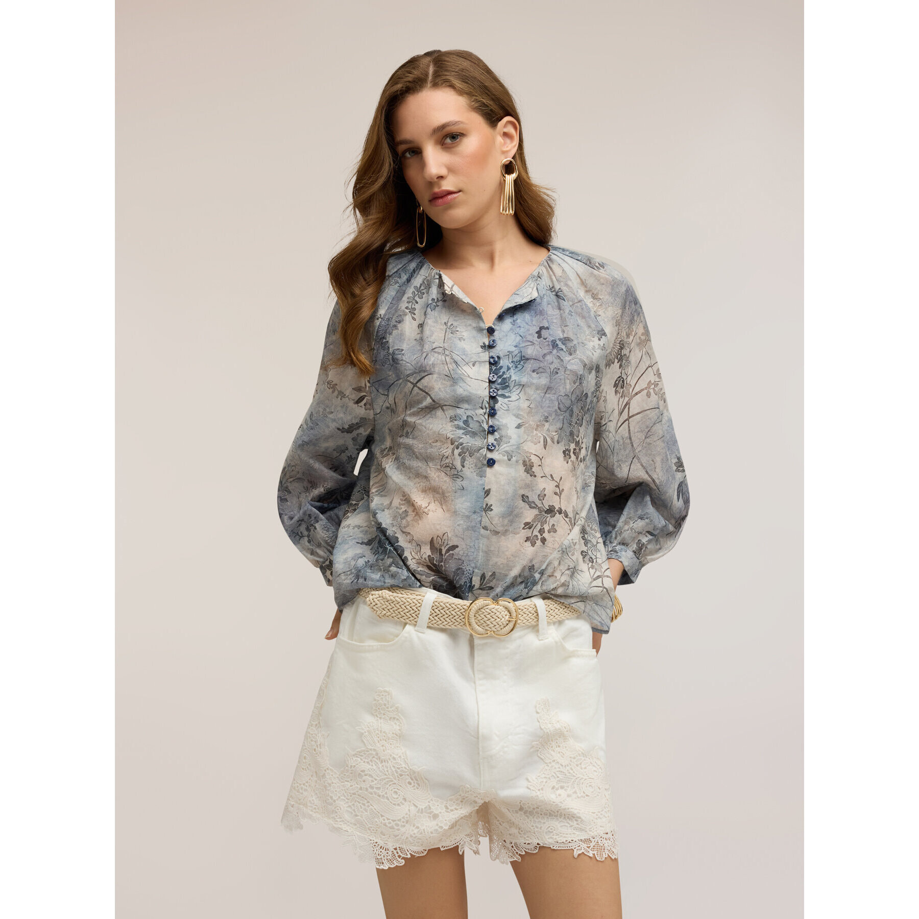 Motivi - Blusa de muselina de algodón con estampado - Light - blue