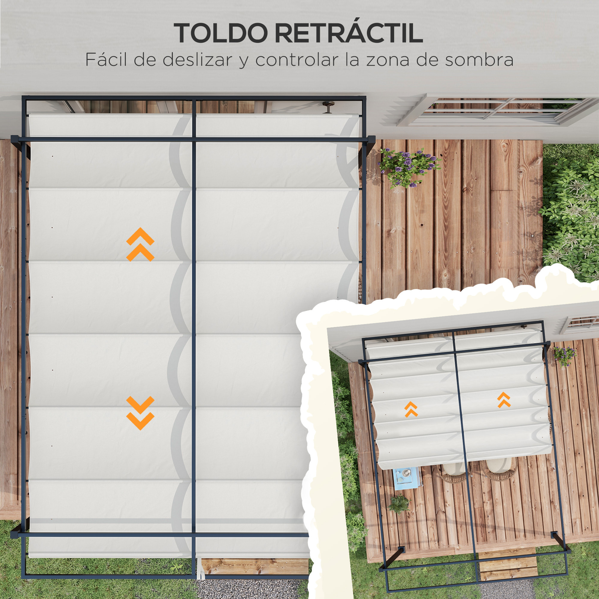 Pérgola 3x4 m Gazebo Cenador de Jardín con Techo Retráctil de Poliéster y 12 Orificios de Drenaje Pérgola para Patio Terraza Exterior Blanco y Gris Oscuro