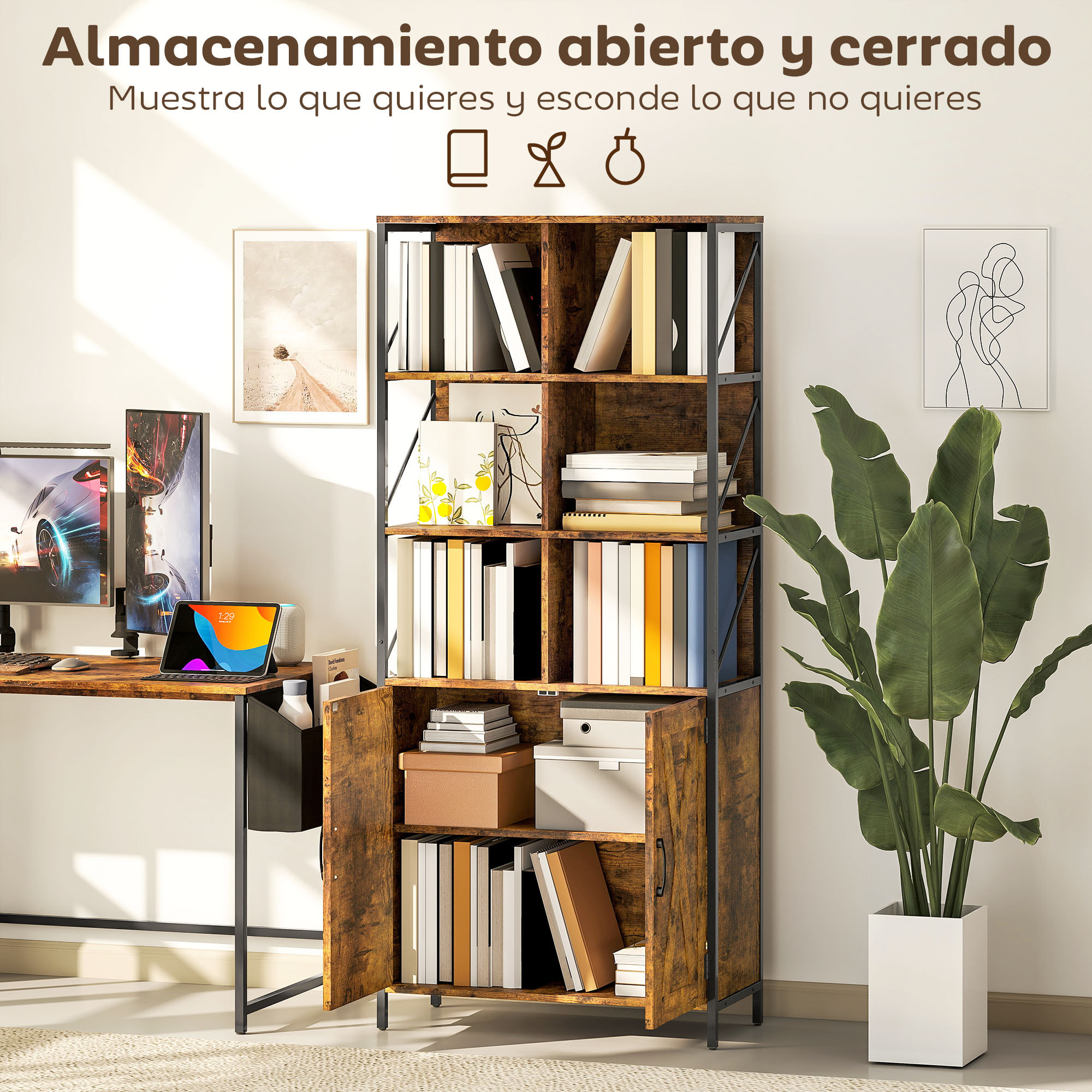 Librería de 6 Niveles, Estantería de Libros Organizador con 6 Compartimentos Abiertos, 2 Puertas y Estante Ajustable, Estilo Industrial para Salón Oficina Dormitorio 75x34x172 cm Marrón Rústico
