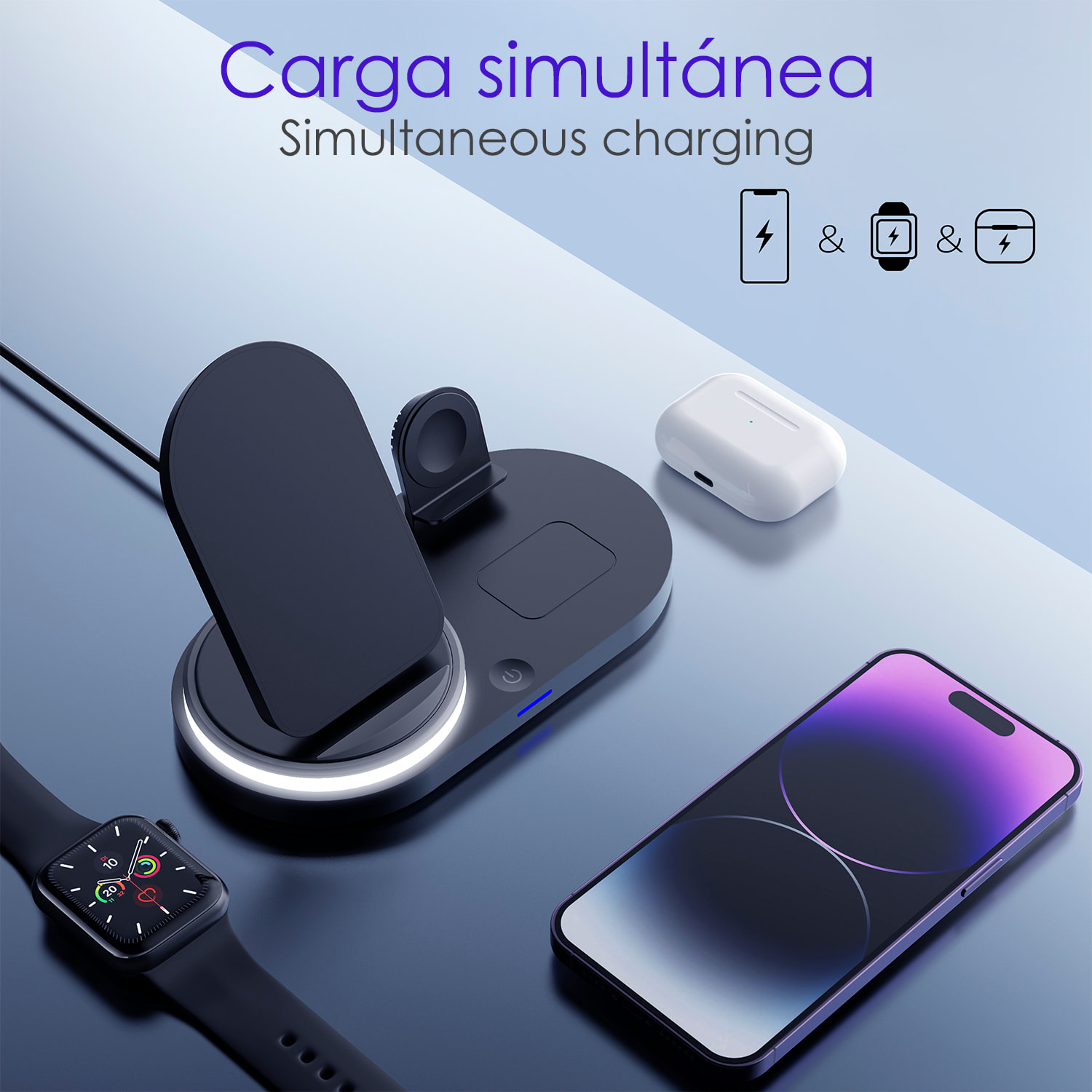 Base di ricarica wireless pieghevole 3 in 1. Base Qi da 15 W a doppia posizione, caricabatterie per Apple Watch e base Qi. Con luce notturna. Funzione supporto.