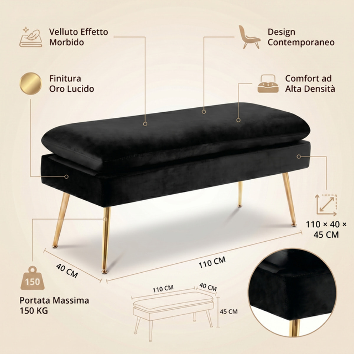 Panca Contenitore Imbottita in Effetto Velluto con Ampio Vano Portaoggetti, Seduta Confortevole e Gambe in Acciaio, Design Moderno per Camera da Letto, Ingresso e Soggiorno