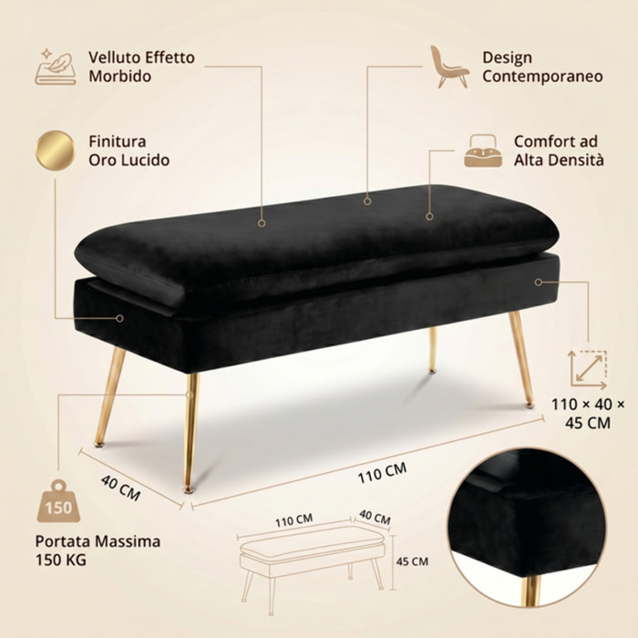 Panca Contenitore Imbottita in Effetto Velluto con Ampio Vano Portaoggetti, Seduta Confortevole e Gambe in Acciaio, Design Moderno per Camera da Letto, Ingresso e Soggiorno