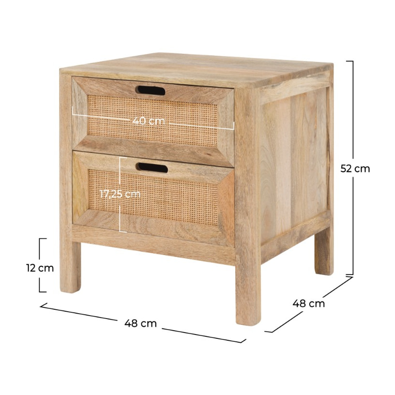 Table de chevet 2 tiroirs en bois de manguier et cannage - Félix