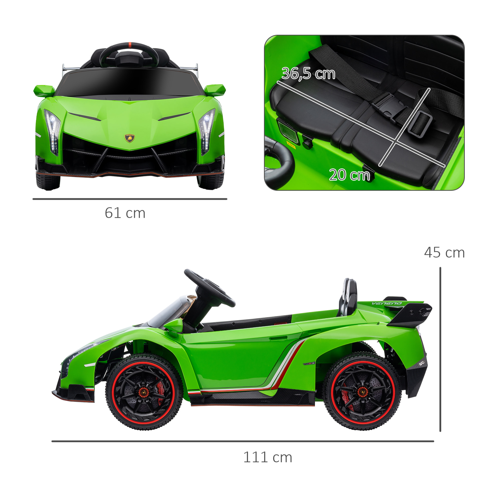 Coche Eléctrico Lamborghini para Niños de 3 a 6 Años Coche de Batería 12V Velocidad Max.7 km/h Puerta de Tijera con Control Remoto MP3 Luces y Cinturón de Seguridad 111x61x45 cm Verde