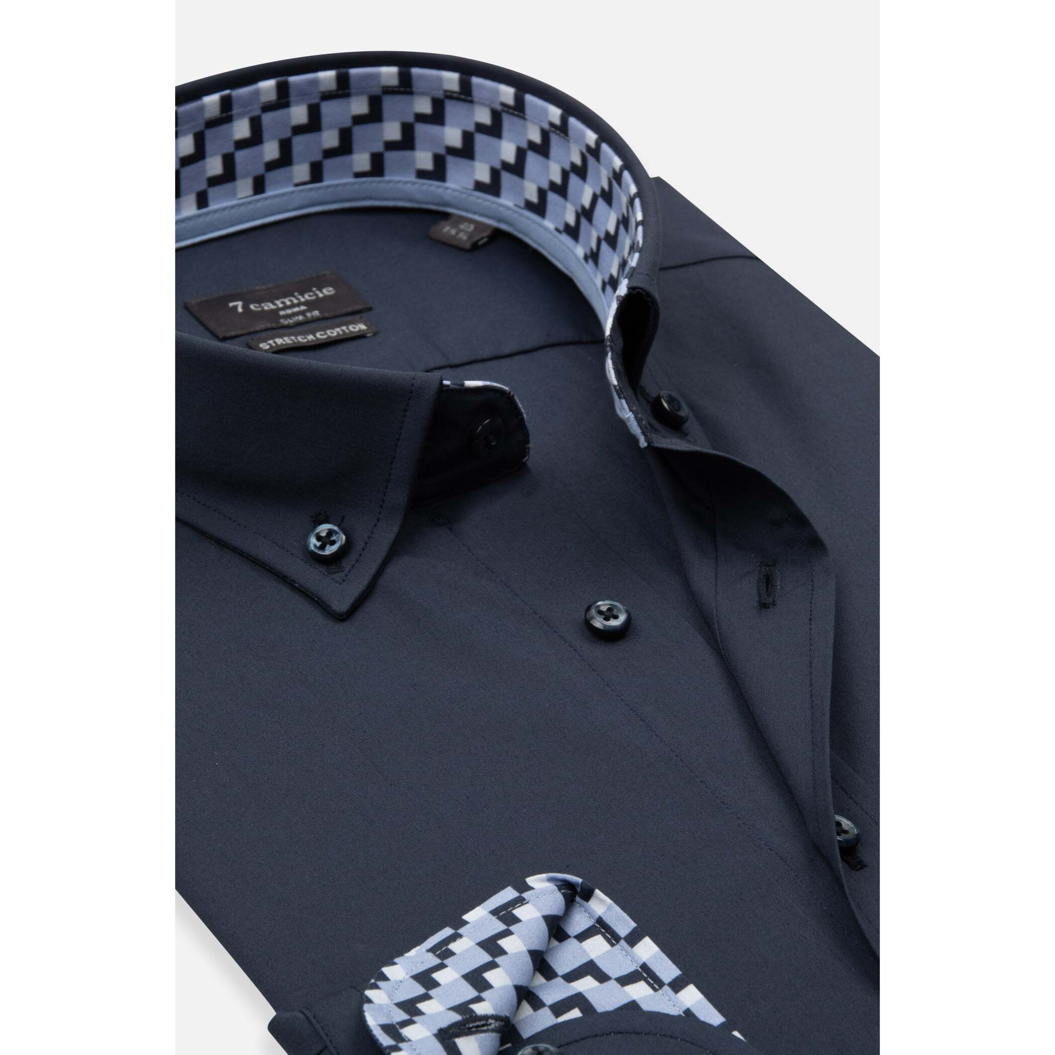 camicia uomo 1 bottone button down slim Popeline Stretch Unito Blu